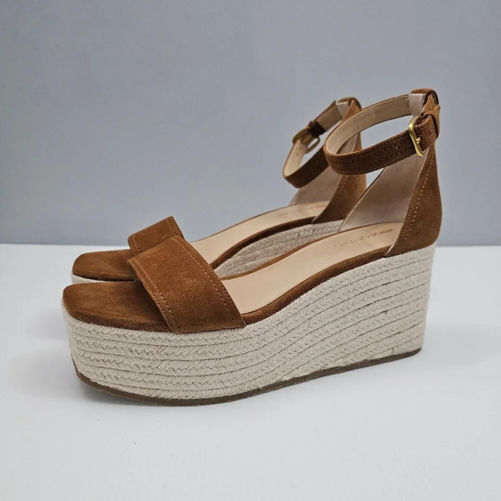 Veronica Beard Gianna Espadrille Wedge Sandal 10 Brown Suede Ankle Strap NEW